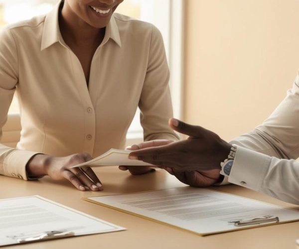 Crea una imagen donde esten en una oficina explicando la venta de una casa sin que se vena los rostros, en tono calido la foto (1)