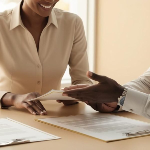 Crea una imagen donde esten en una oficina explicando la venta de una casa sin que se vena los rostros, en tono calido la foto (1)